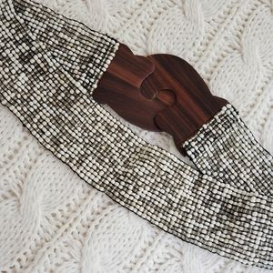 Boho beaded stretchy wide belt with wooden clasp silver & white beads